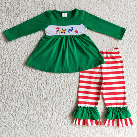 GLP0166 Christmas Reindeer Red Stripes Green  Embroidery Tunic Girls Long Sleeve Pants Outfits