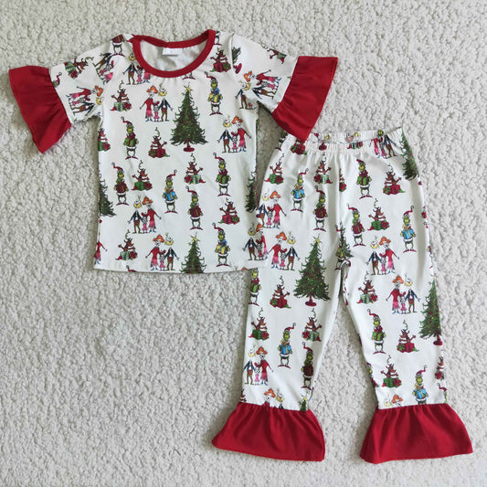 Clearance D2-4 Christmas Red Green Cartoon Girls Short Sleeve  Pants Outfits Pajamas