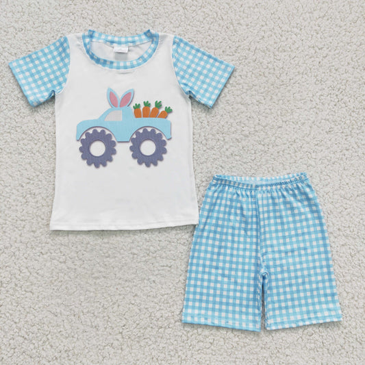 BSSO0091 Easter Blue Plaid Car Truck Trackor Carrot Rabbit Boys Short Sleeve Shorts Outfits