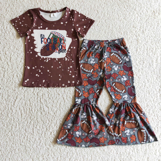 GSPO0212 Brown Bleach Football Season Team Girls Short Sleeve Bell Bottom Pants Outfits