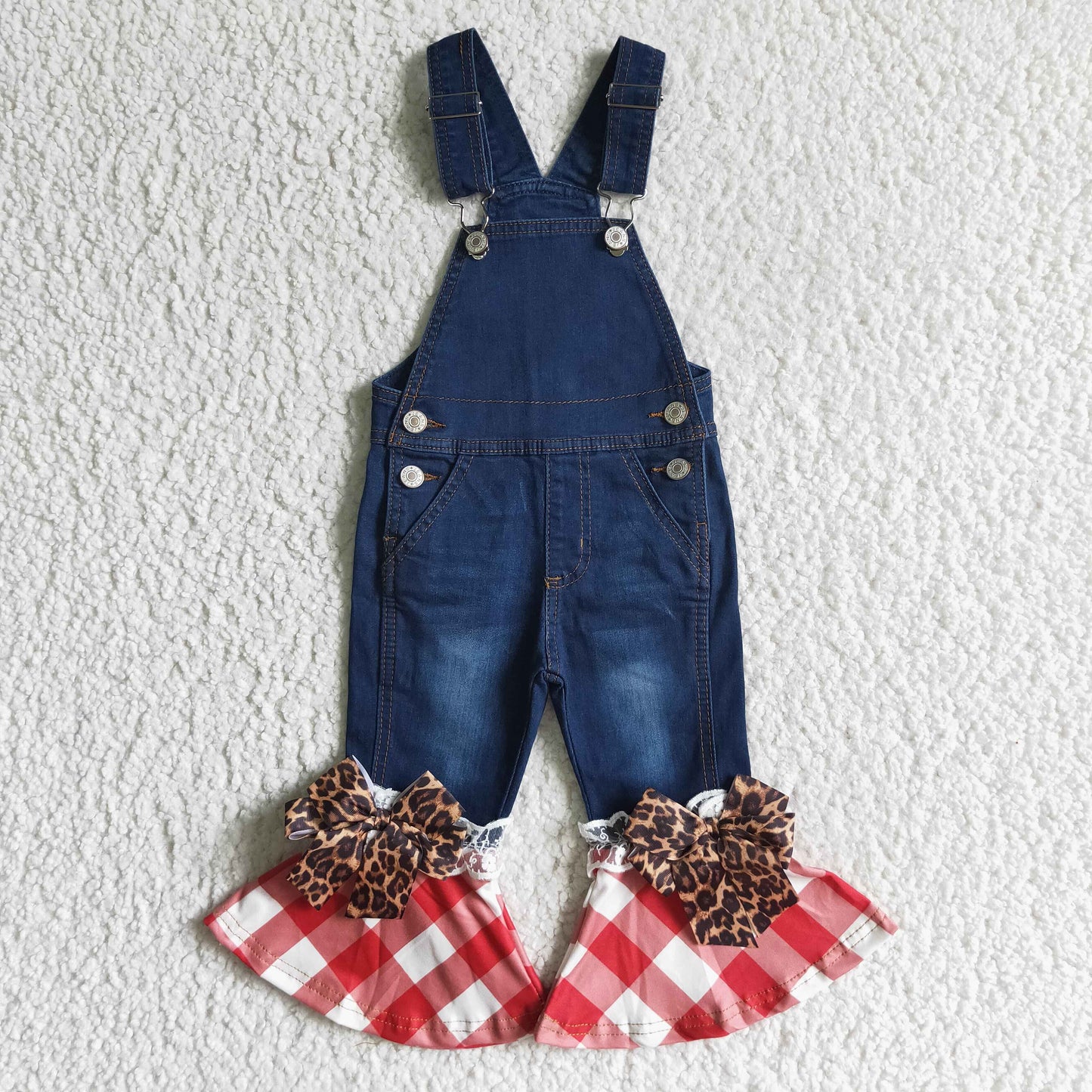 C16-16 Red Plaid Girls Ruffles Overall Denim Jeans With Bow