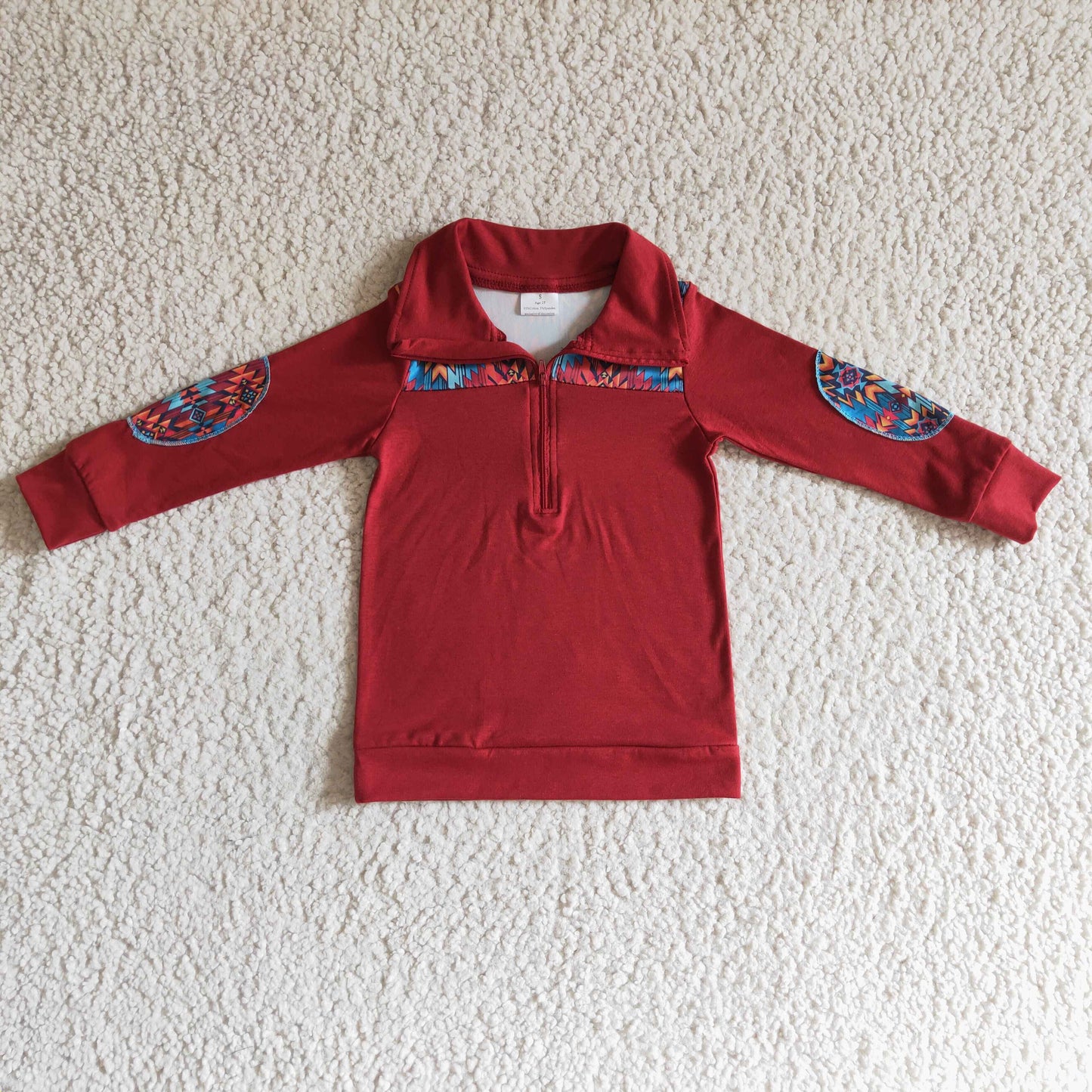 BT0080 Red Print Western Boys Long Sleeve Top Collar Polo Pullover T-Shirts