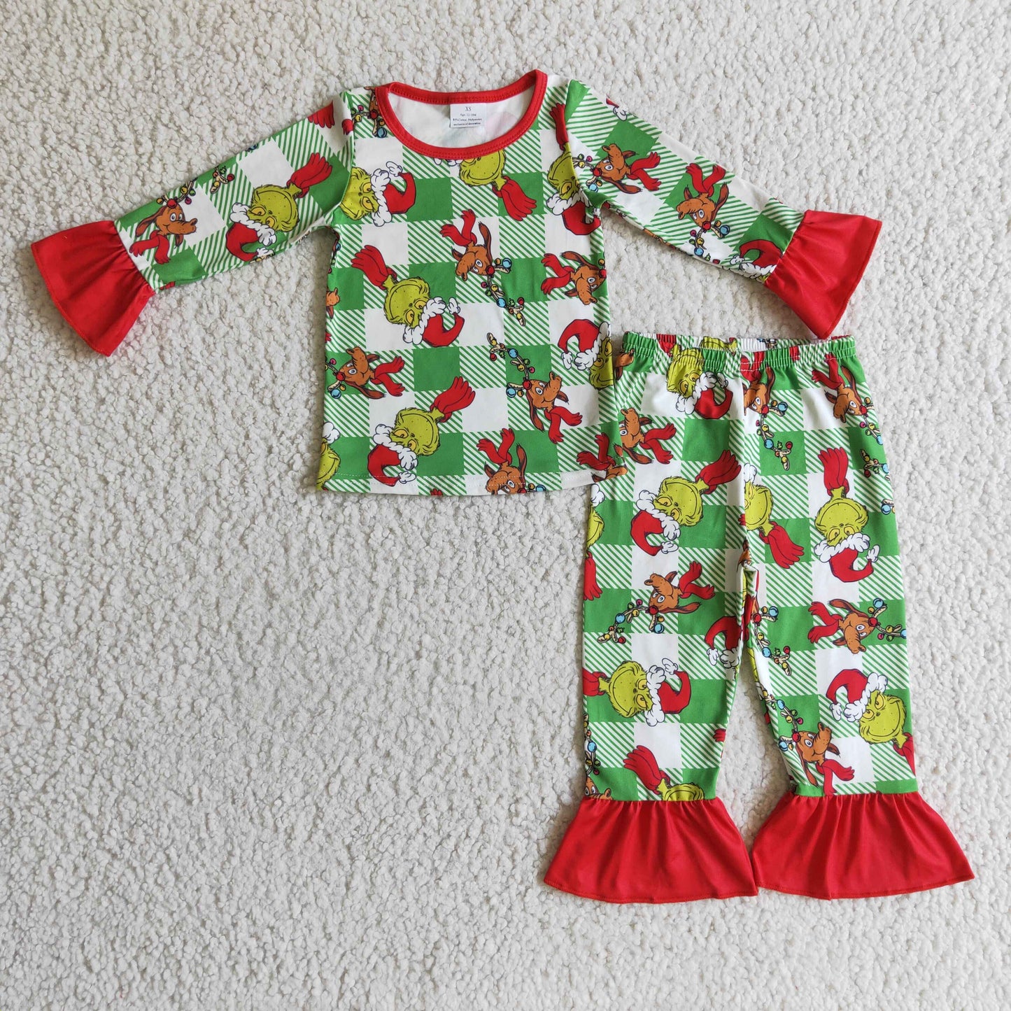 GLP0295  Christmas Dog Red Green Cartoon Plaid Girls Long Sleeve Pants Outfits Pajamas