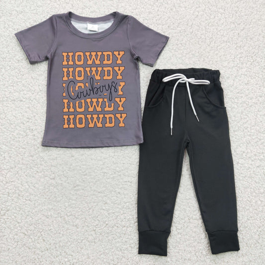 BSPO0063 Brown Howdy Cowboys Black Boys Short Sleeve Pants Outfits