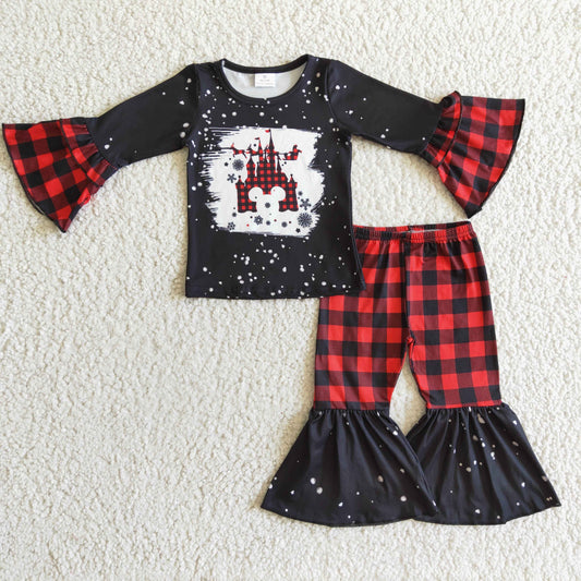 Clearance 6 A16-19 Christmas M Cartoon Castle Black Red Girls Long Sleeve Bell Bottom Pants Outfits