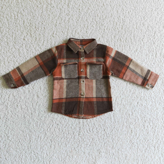 BT0061 Orange Plaid Boys Long Sleeve Top Winter Collar T-Shirts