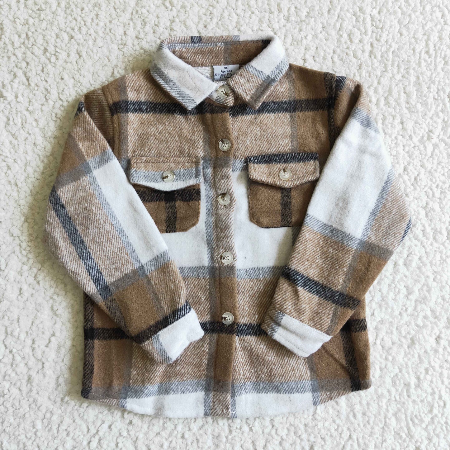 BT0062  Brown Plaid Boys Long Sleeve Top Winter Collar T-Shirts