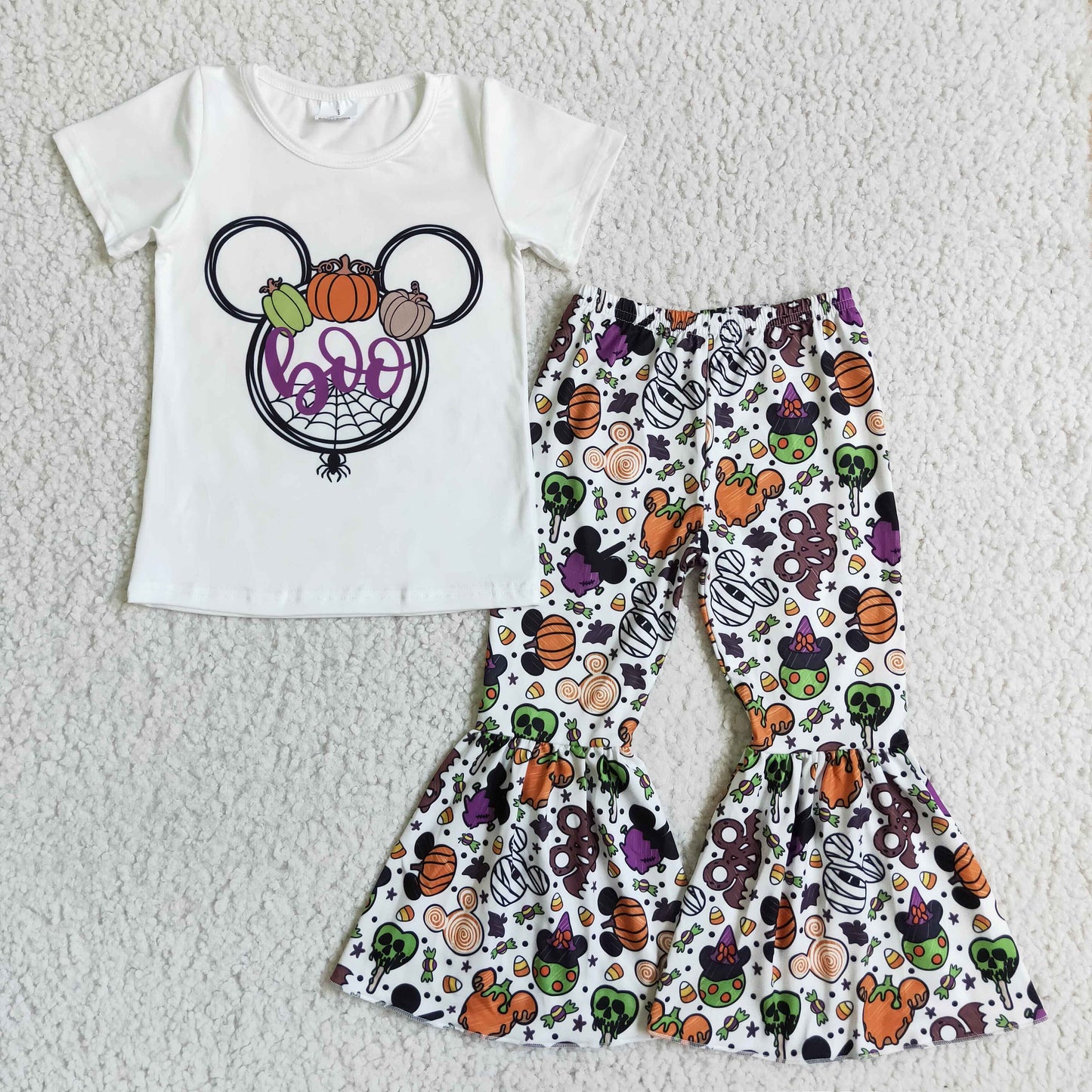 GSPO0146 Halloween Pumpkin Purple Mouse Cartoon Girls Short Sleeve Bell Bottom Pants Outfits