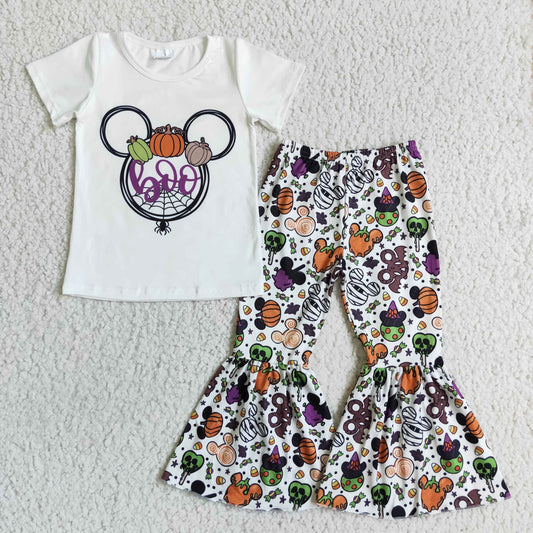 GSPO0146 Halloween Pumpkin Purple Mouse Cartoon Girls Short Sleeve Bell Bottom Pants Outfits