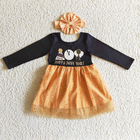 GLD0138 Happy New Year Black Yellow Balloon Clock Hat 3Pcs With Heaband Bow Tulle Tutu Girls Long Sleeve Dresses