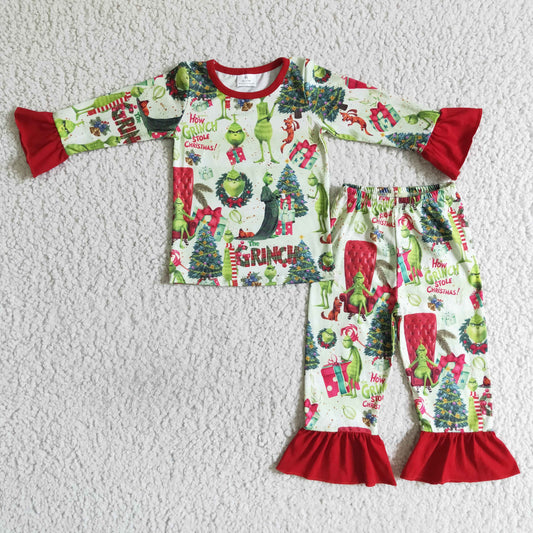 GLP0142 Christmas Gift Green Cartoon Girls Long Sleeve Pajamas