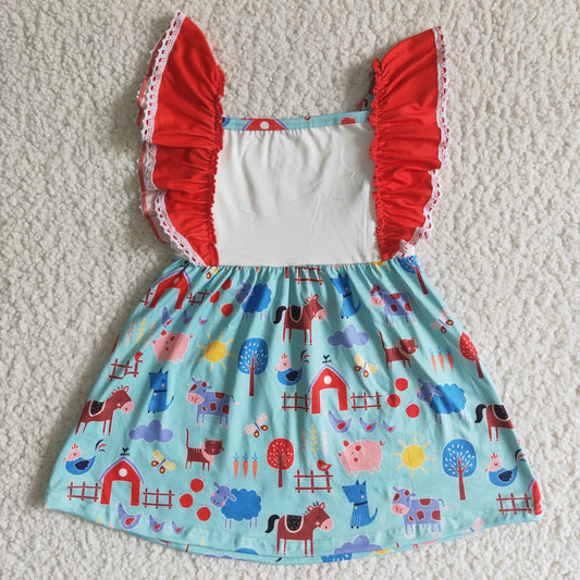 Clearance A15-4 Farm Cow Pig Red Blue Girls Flutter Sleeve Dresses