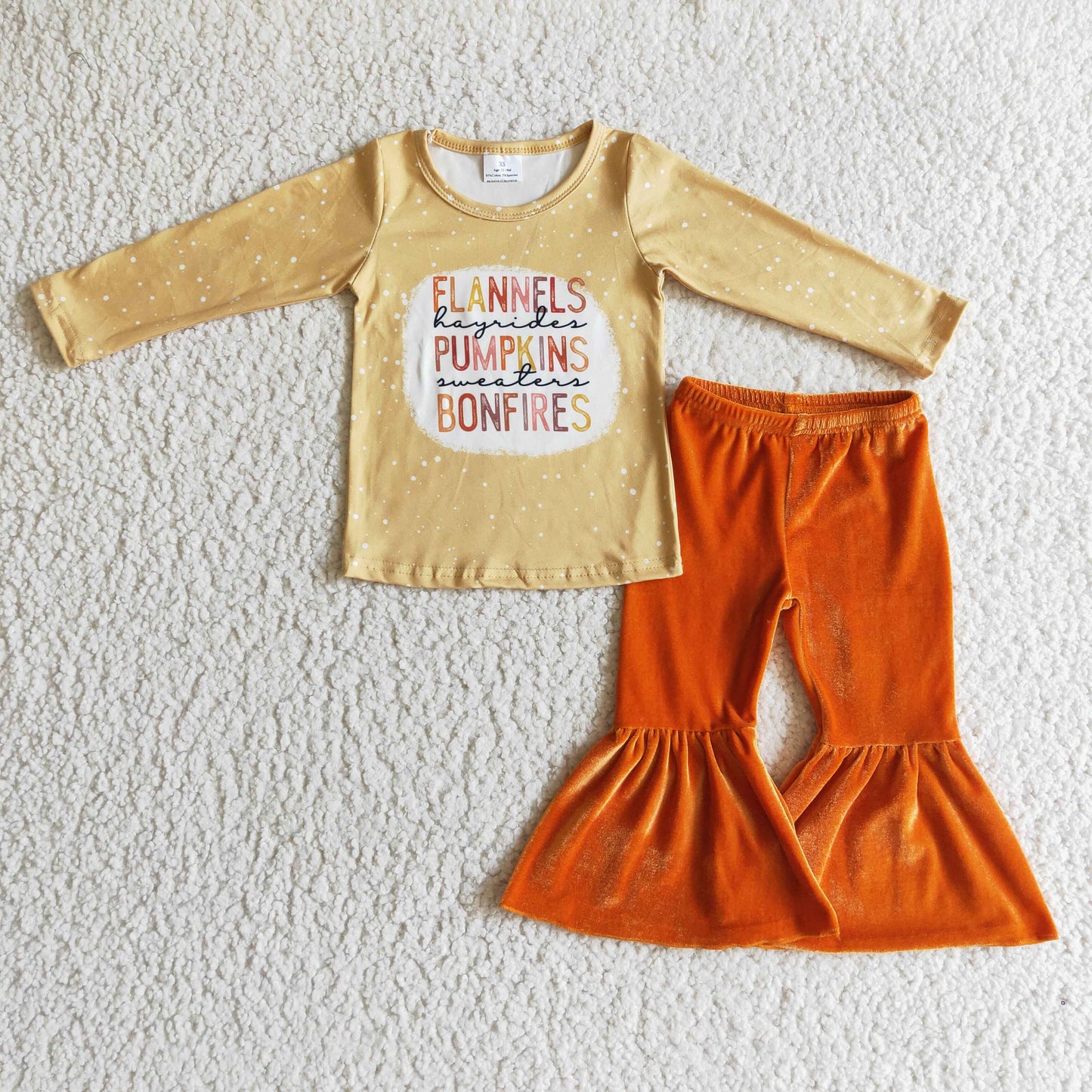 GLP0222 Halloween Flannels Pumpkins Bonfires Orange Velvet Girls Long Sleeve Bell Bottom Pants Outfits