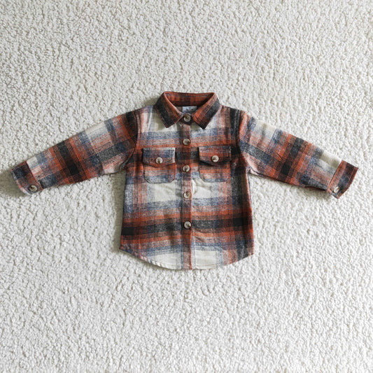 BT0116  Brown Plaid Boys Long Sleeve Top Winter Collar T-Shirts