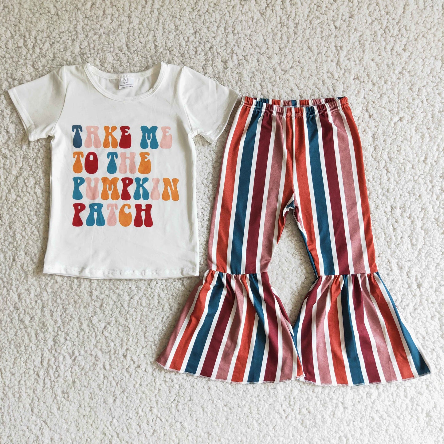 D6-19 Halloween Take Me To The Pumpkin Patch Stripes Girls Short Sleeve Bell Bottom Pants Outfits