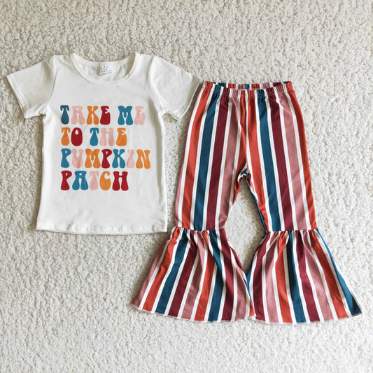 D6-19 Halloween Take Me To The Pumpkin Patch Stripes Girls Short Sleeve Bell Bottom Pants Outfits