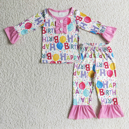 GLP0347 Happy Birthday Pink Bulloon Boys Long Sleeve Pants Outfits Pajamas