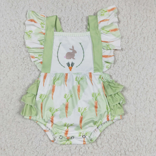 SR0112 Easter Rabbit Green Carrot  Girls Short Sleeve Romper