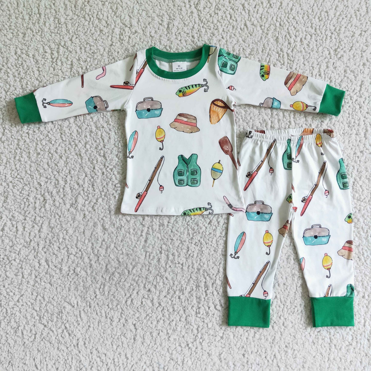 6 C6-18 Green Fishing Print Boys Long Sleeve Pajamas