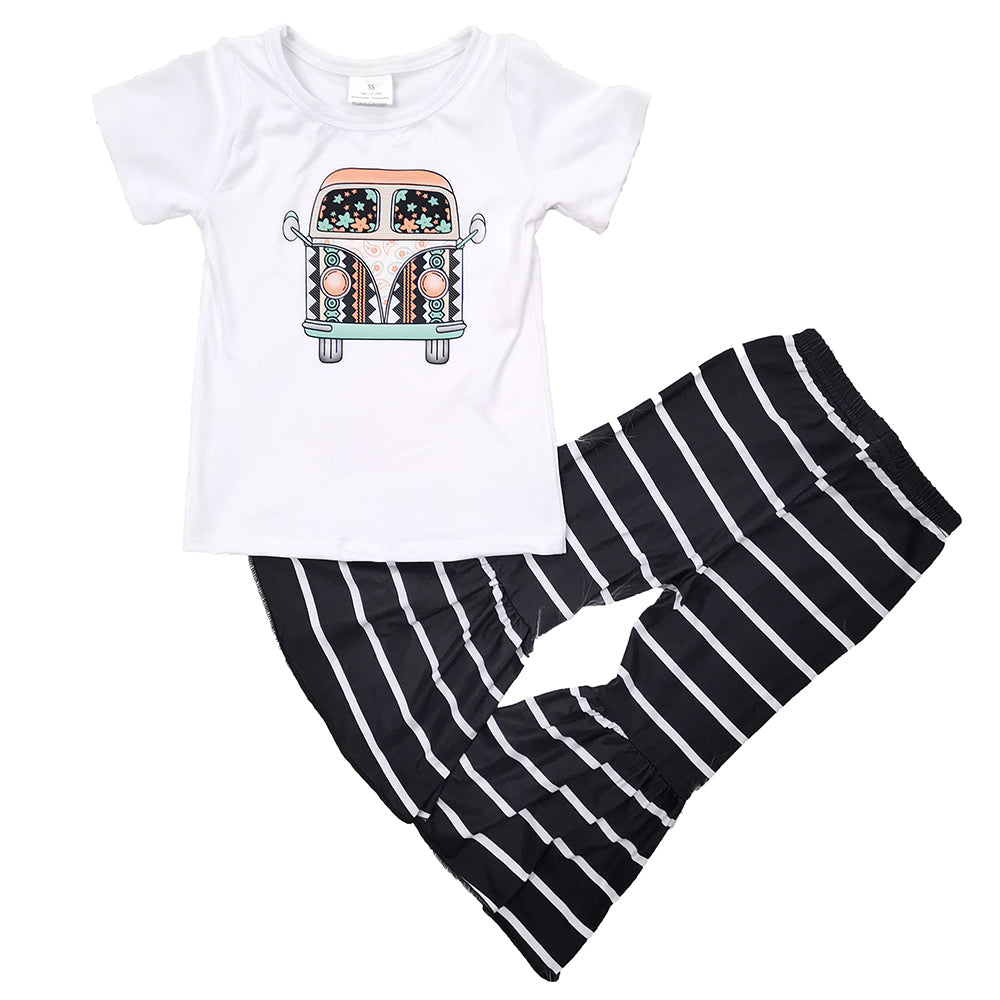 Clearance B5-9 Back To School Bus Black Striped Girls Short Sleeve Pants Outfits