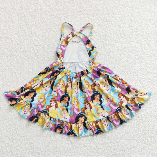 GSD0282 Pink Princess Yellow Blue Cartoon Girls Sleeveless Dresses