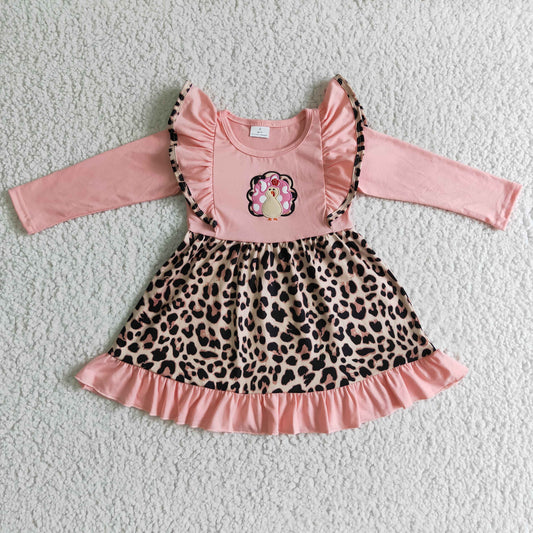 GLD0088 Thanksgiving Turkey Leopard Pink Embroidery Ruffles Girls Long Sleeve Dresses