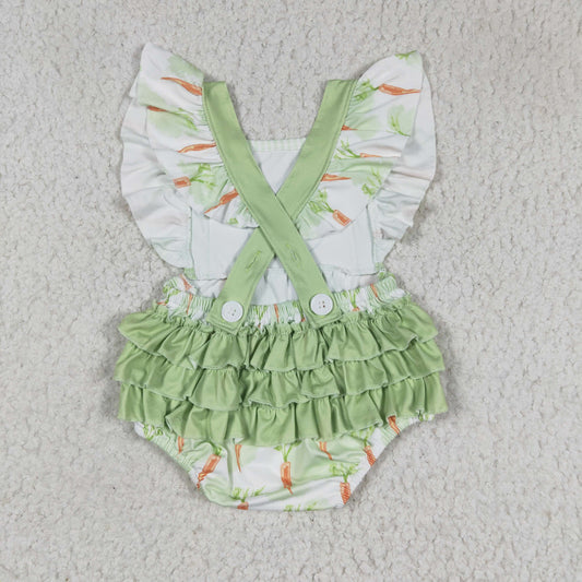 SR0112 Easter Rabbit Green Carrot  Girls Short Sleeve Romper