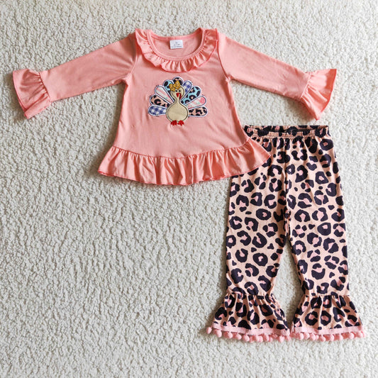 GLP0203 Thanksgiving Turkey Leopard Pink Embroidery Girls Long Sleeve Pants Outfits