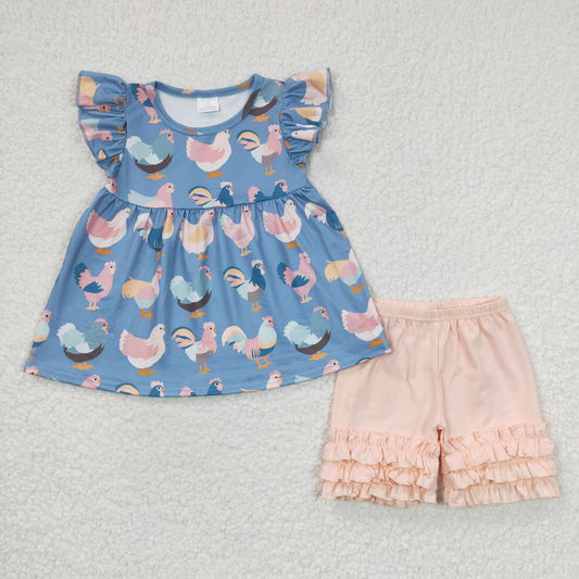 GSSO0168 Pink Blue Chicken Farm Girls Short Sleeve Shorts Outfits