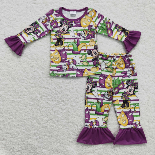 GLP0344 Mardi Gras Purple Yellow Mask M Cartoon Girls Long Sleeve Pants Outfits Pajamas