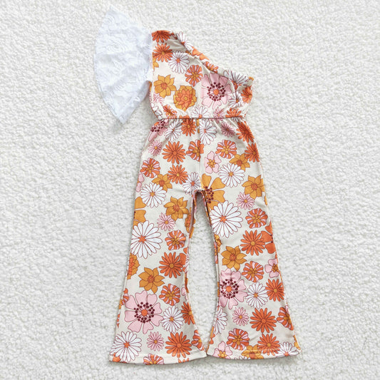 SR0211 Orange Floral Lace Girls Sleeveless Jumpsuit Overall Pants