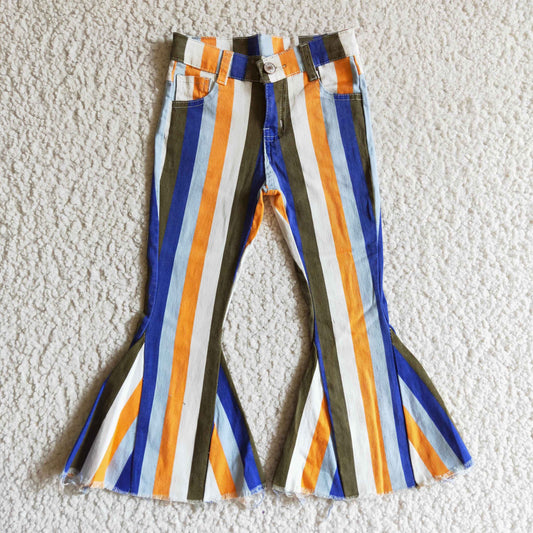 P0029 Blue White Orange Striped Girls Bell Pants Denim Jeans