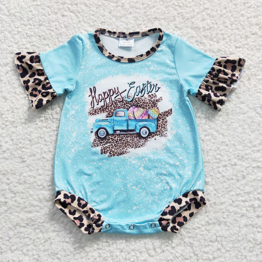 SR0116 Happy Easter Egg Car Blue Leopard Girls Short Sleeve Romper