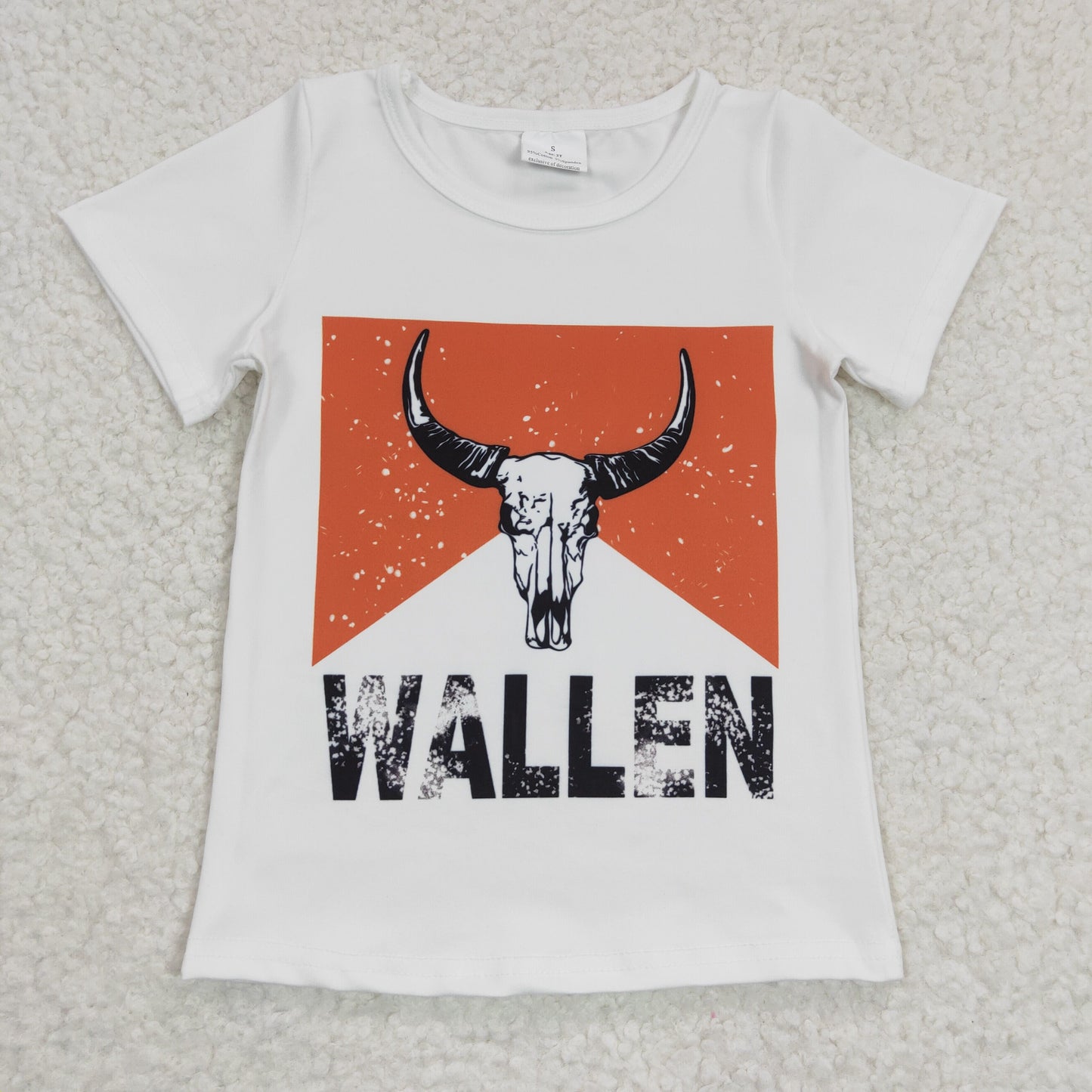 GSPO0  2Pcs GT0146  Brown Bleach Wallen Highland Cow Top + Brown Stripes Denim Girls Short Sleeve Bell Bottom Pants Outfits