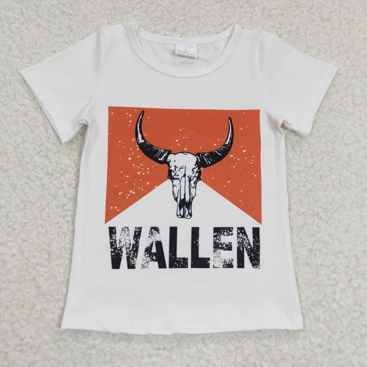GSPO0  2Pcs GT0146  Brown Bleach Wallen Highland Cow Top + Brown Stripes Denim Girls Short Sleeve Bell Bottom Pants Outfits