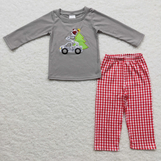 BLP0135 Christmas Santa Tree Car Grey Green Red Plaid Embroidery Boys Long Sleeve Pants Outfits Pajamas