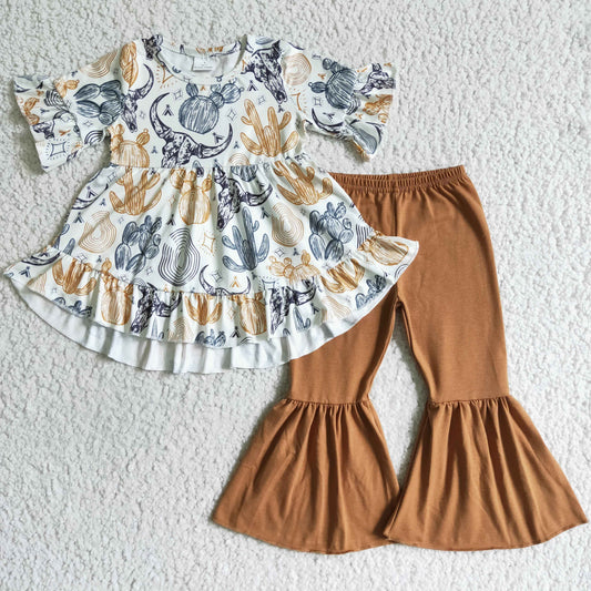GSPO0113 Orange Brown Cow Cactus Western Cowboy Tunic Ruffles Girls Short Sleeve Bell Bottom Pants Outfits