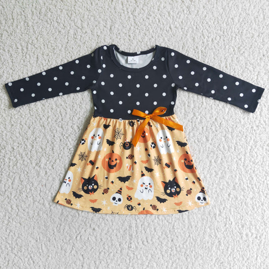 GLD0040 Halloween Pumpkin Yellow Cartoon Black Dots Girls Long Sleeve Dresses