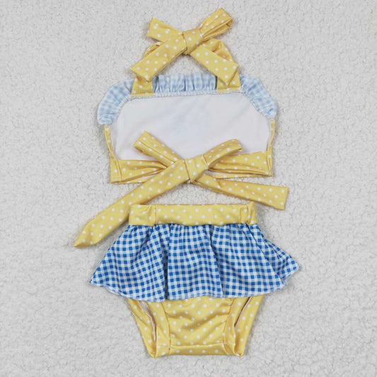 S0060 Love Yellow Blue Princess Embroidery Girls Swimming Bathing Suits Swimsuits