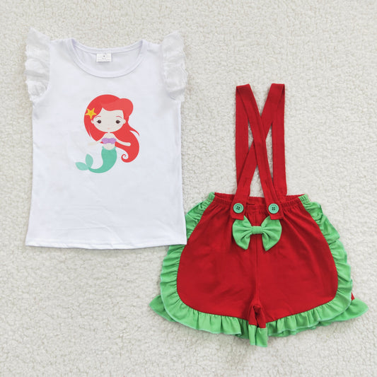 C3-11 Red Green Mermaid Scale Girls Short Sleeve With Skirt Overall Dresses Outfits