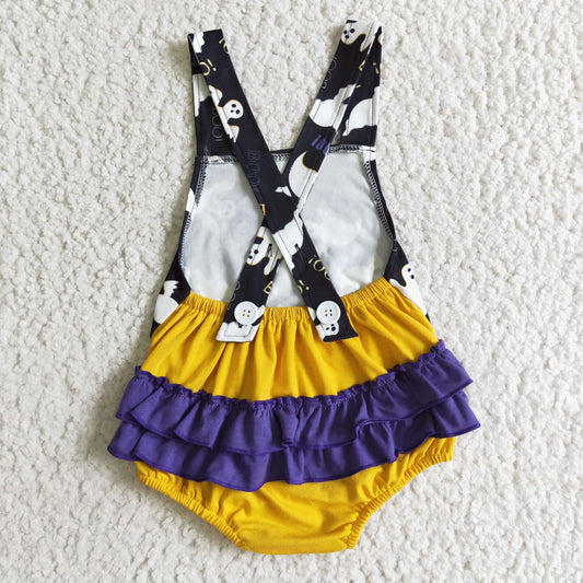 SR0074 Halloween Ghost Cartoon Purple Yellow Girls Short Sleeve Romper