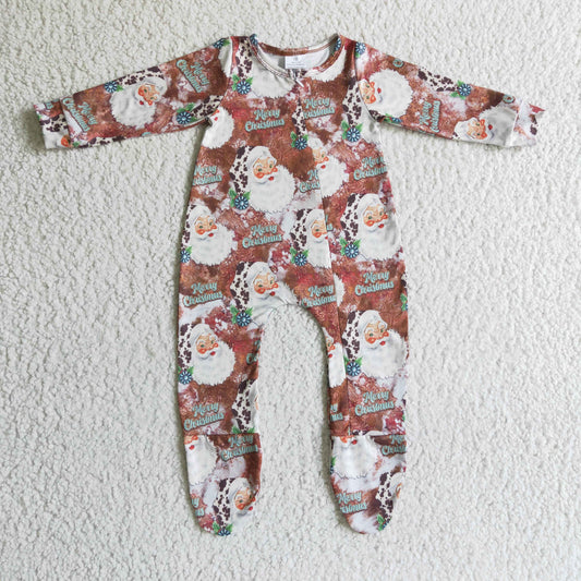 LR0176 Happy Christmas Leopard Santa Zipper Girls Long Sleeve Romper