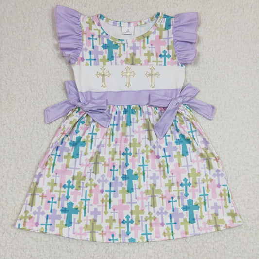 GSD0190  Easter Purple Cross Bow Ruffles Girls Short Sleeve Dresses