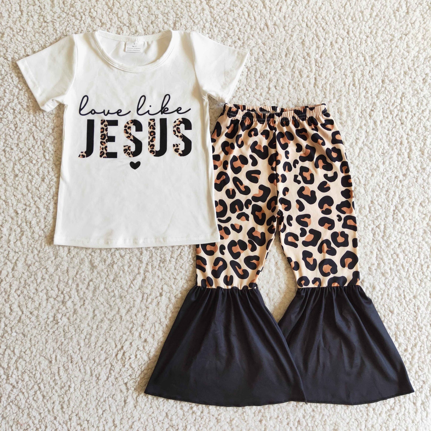 GSPO0243 Love Like Jesus Black Leopard Girls Short Sleeve Bell Bottom Pants Outfits