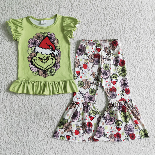 GSPO0179 Christmas Santa Red Green Cartoon Floral Girls Short Sleeve Bell Bottom Pants Outfits