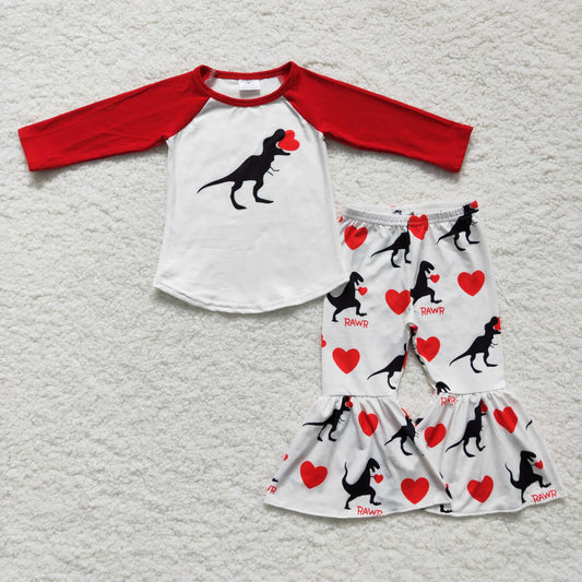 6 A16-12 Valentines Dinosaur Print Girls Long Sleeve Bell Bottom Pants Outfits