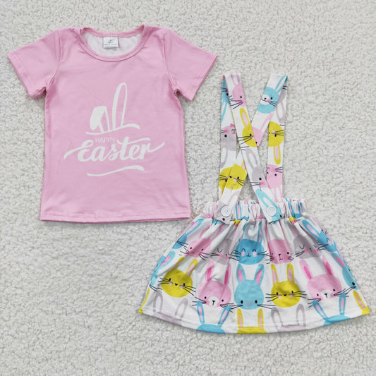 GSD0236 Easter Pink Rabbit Girls Short Sleeve With Skirt Overall Dresses Outfits