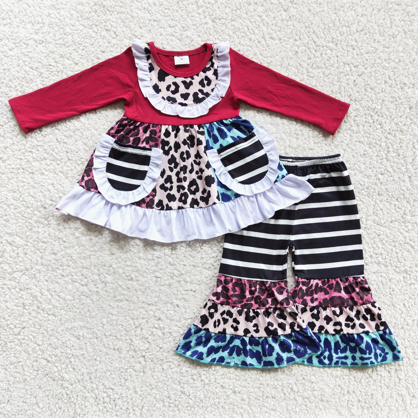 Clearance 6 A22-18 Red Leopard Black Stripes Pocket Ruffles Girls Long Sleeve Bell Bottom Pants Outfits