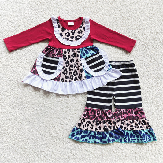 Clearance 6 A22-18 Red Leopard Black Stripes Pocket Ruffles Girls Long Sleeve Bell Bottom Pants Outfits