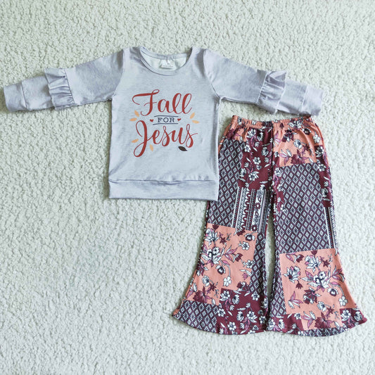 GSPO0126 Fall Jesus Floral Grey Girls Long Sleeve Bell Bottom Pants